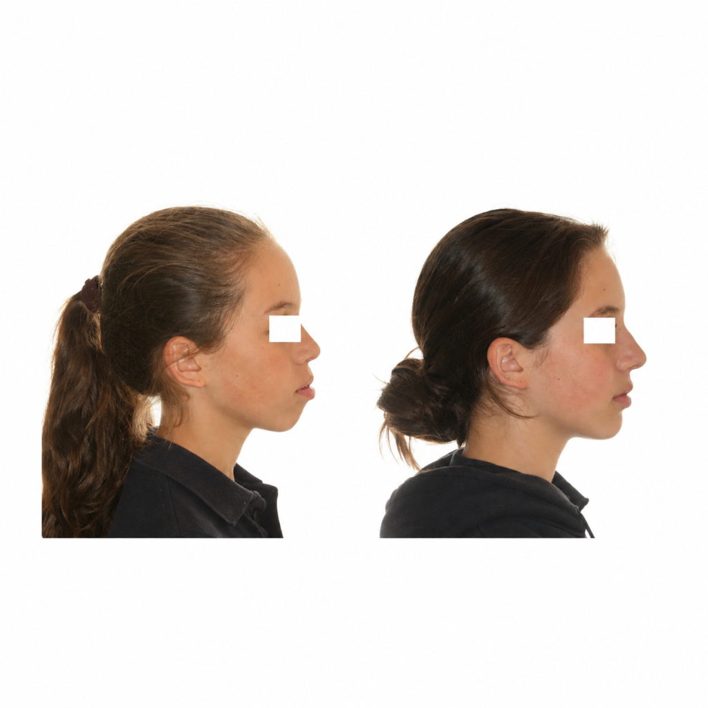 Perfil de niña antes y después de tratamiento de ortodoncia con extracciones